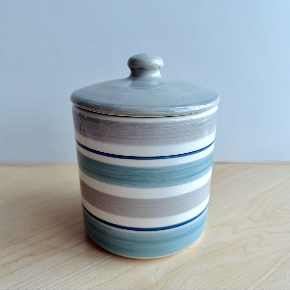 Crate & Barrel 6.5" Dutton Stripe Stoneware Canister w/Gasket Lid - Portugal